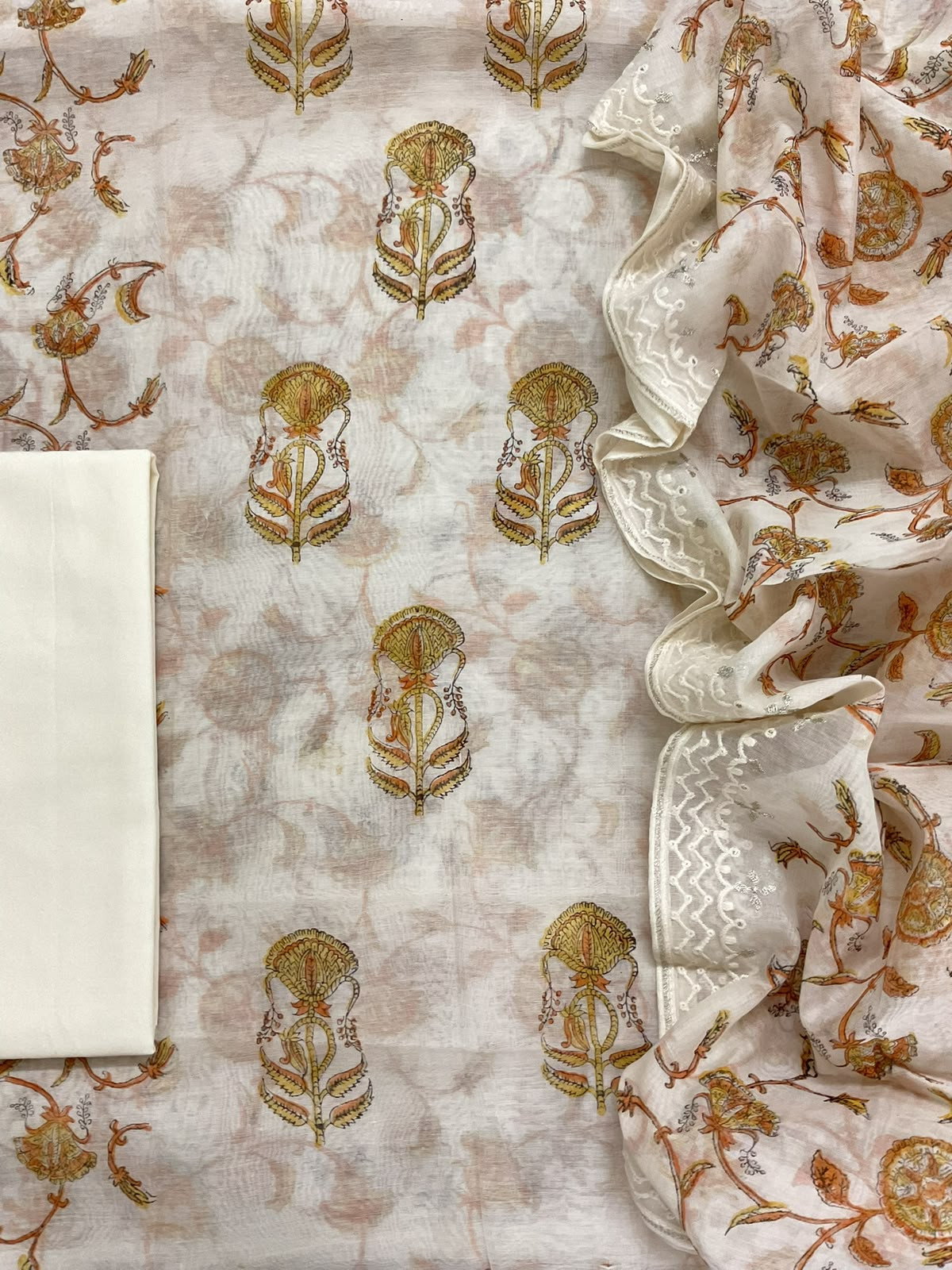 Pure Chanderi Printed Embroidered Suit - Off White