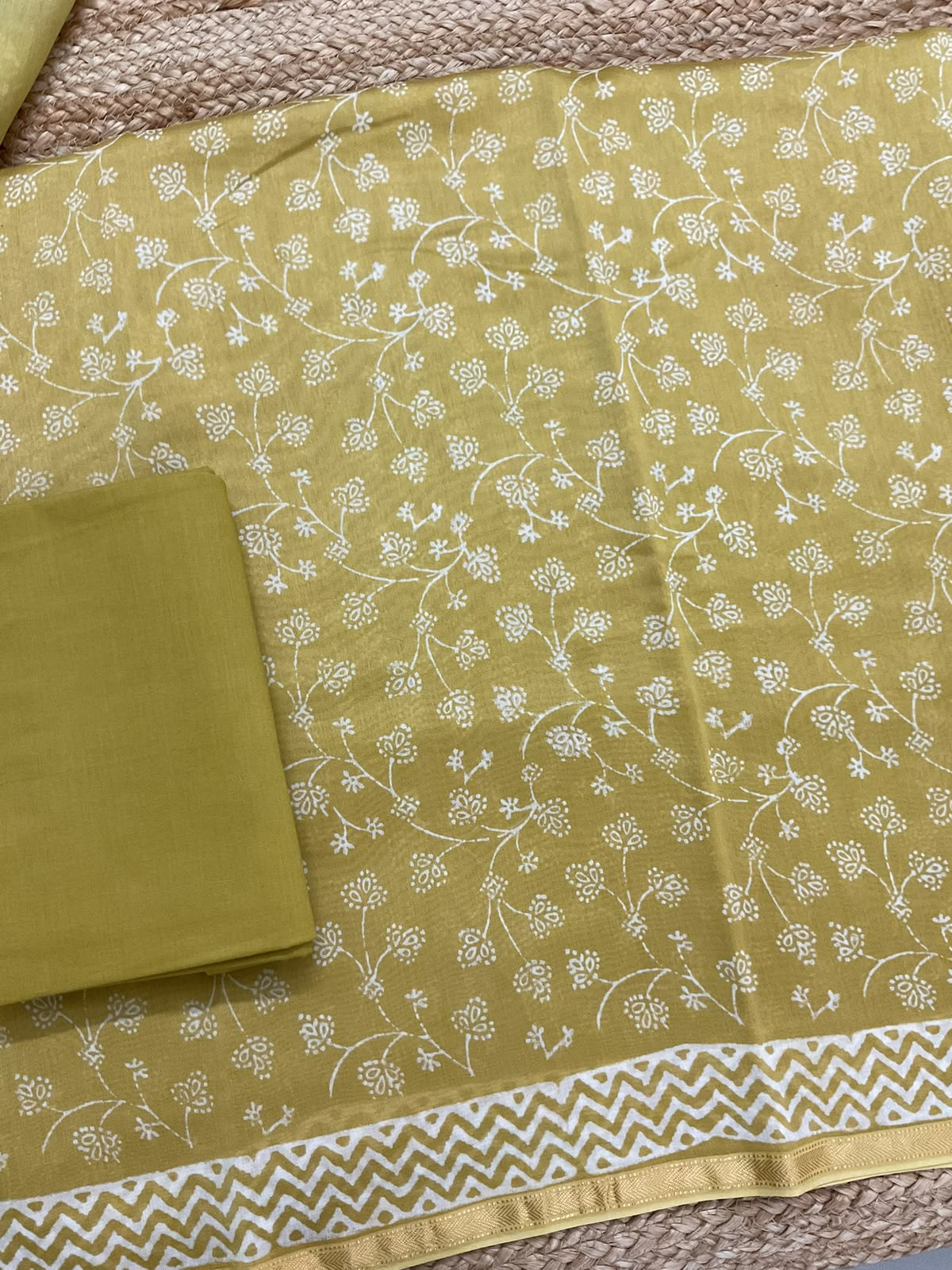 Pure Maheshwari Printed Suit - Greenish Yellow