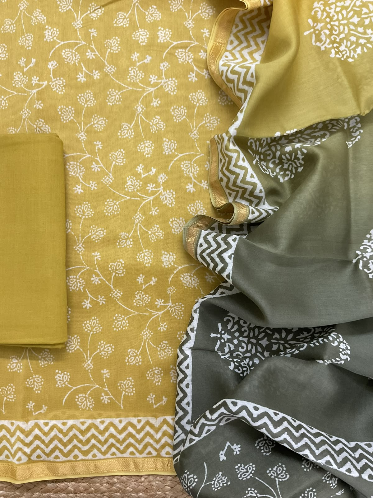 Pure Maheshwari Printed Suit - Greenish Yellow
