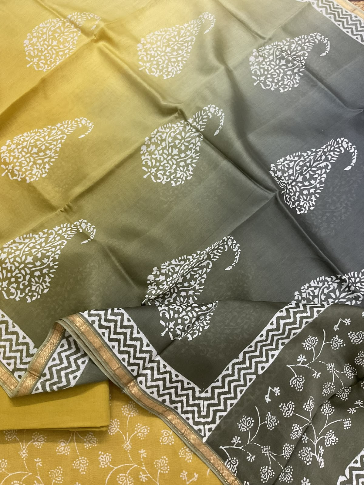 Pure Maheshwari Printed Suit - Greenish Yellow