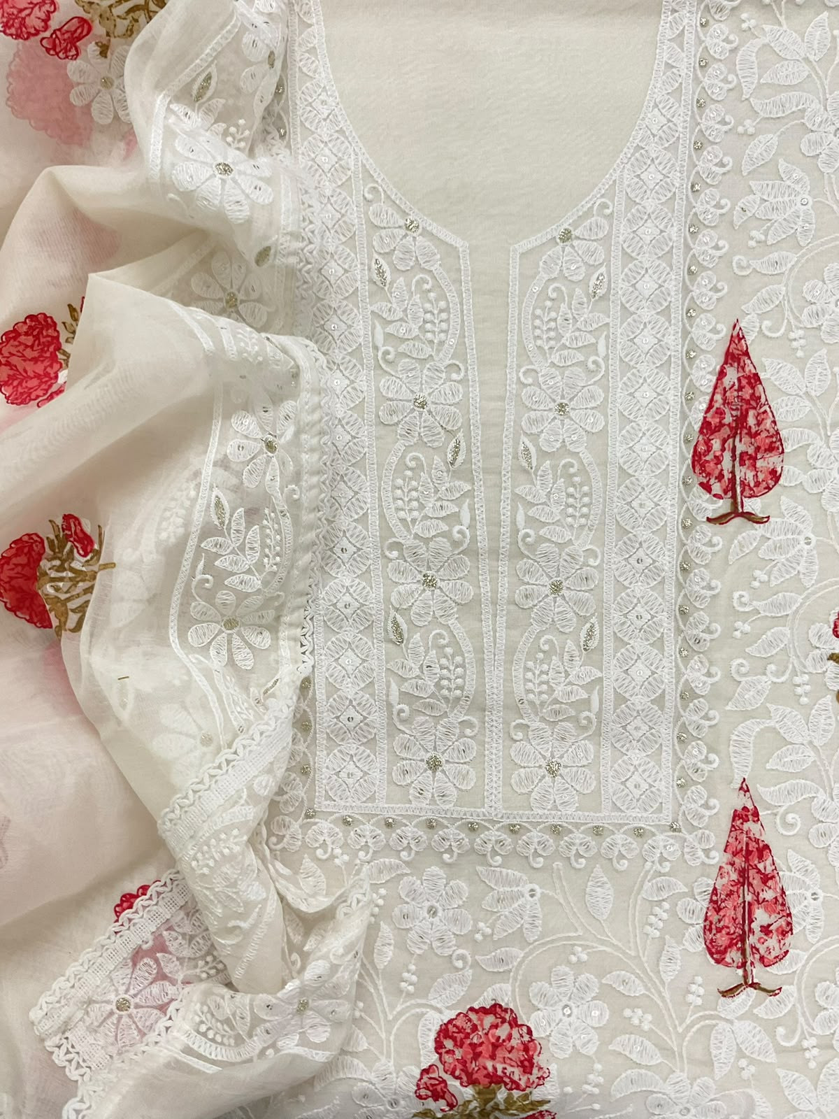 Soft Chanderi Printed Embroidered Suit - Off White