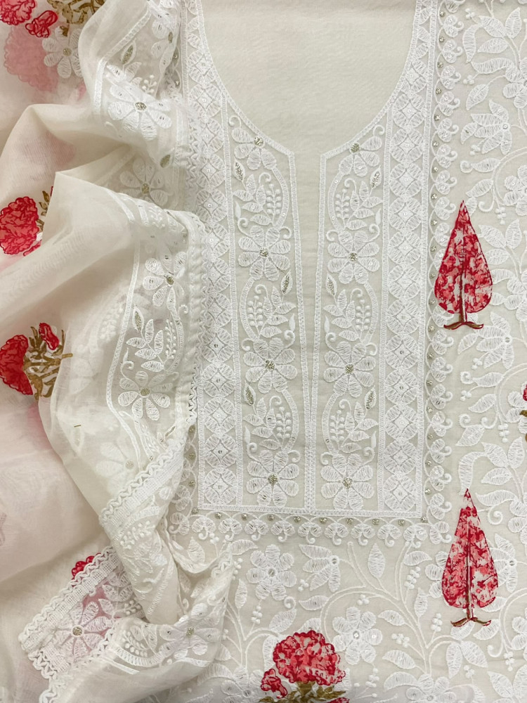 Image of Soft Chanderi Printed Embroidered Suit - Off White