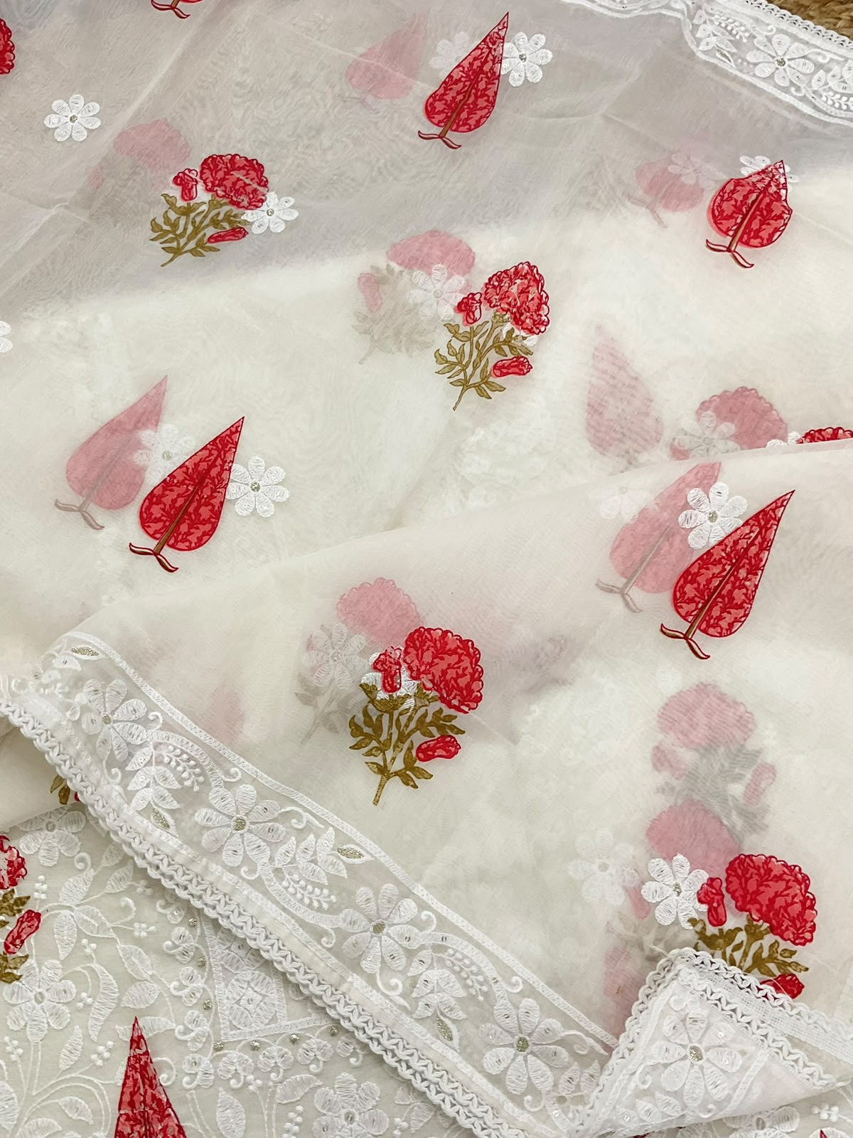 Soft Chanderi Printed Embroidered Suit - Off White