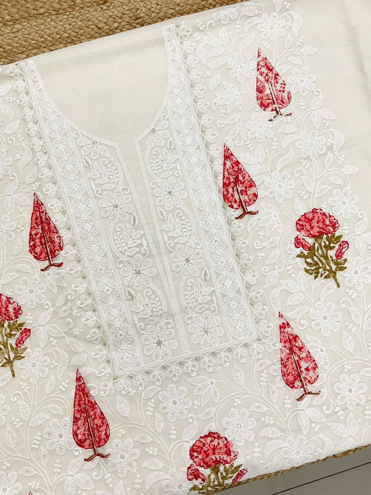 Soft Chanderi Printed Embroidered Suit - Off White