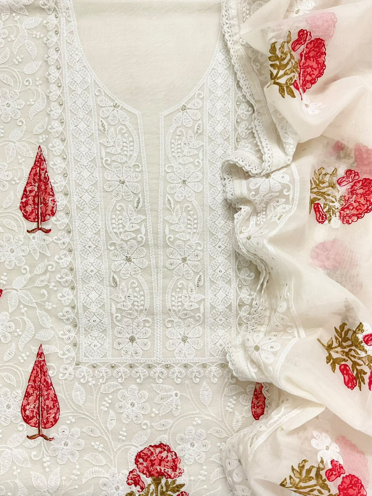 Soft Chanderi Printed Embroidered Suit - Off White