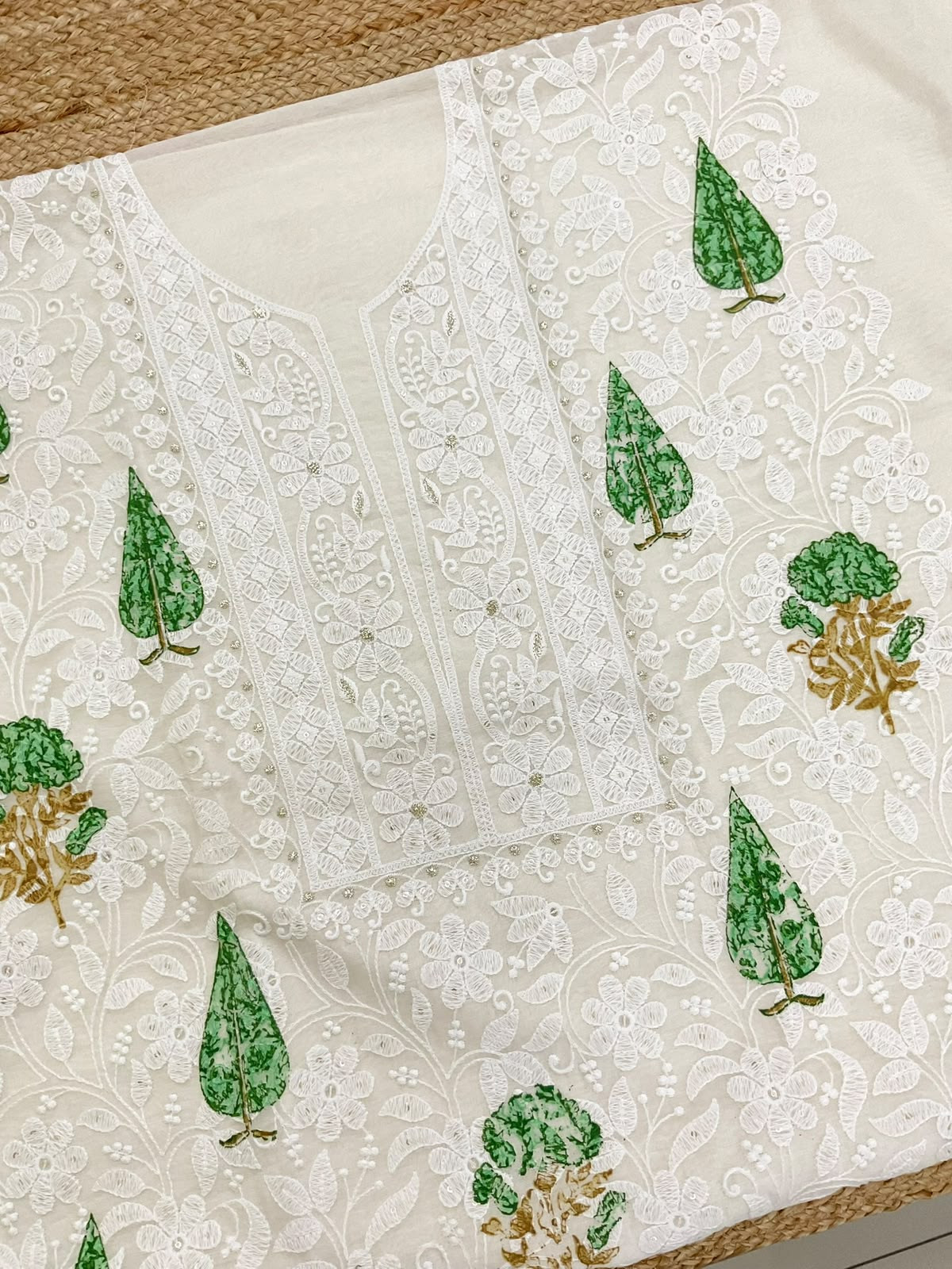 Soft Chanderi Printed Embroidered Suit - Off White