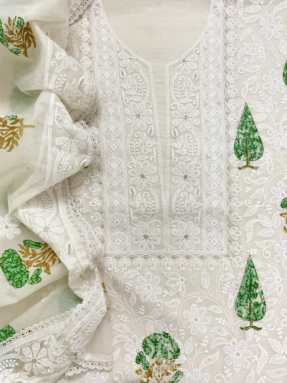 Soft Chanderi Printed Embroidered Suit - Off White