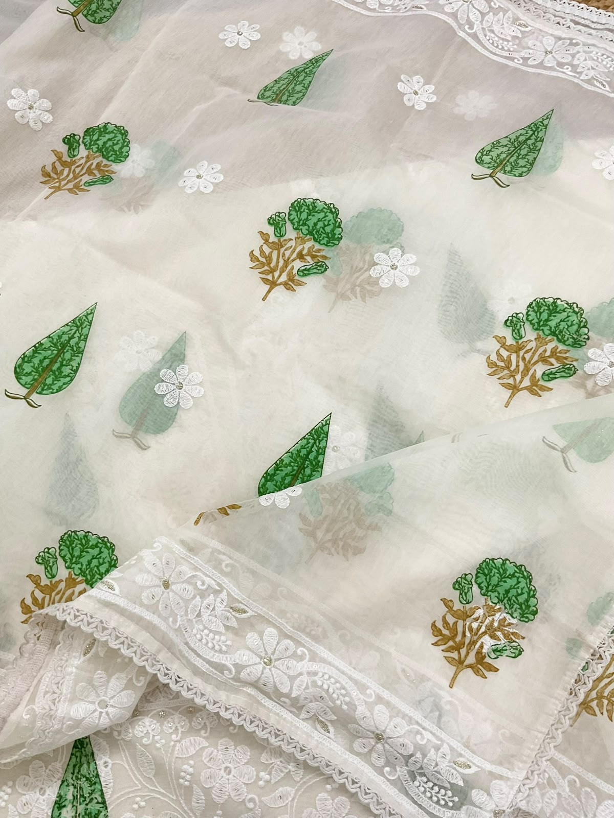 Soft Chanderi Printed Embroidered Suit - Off White