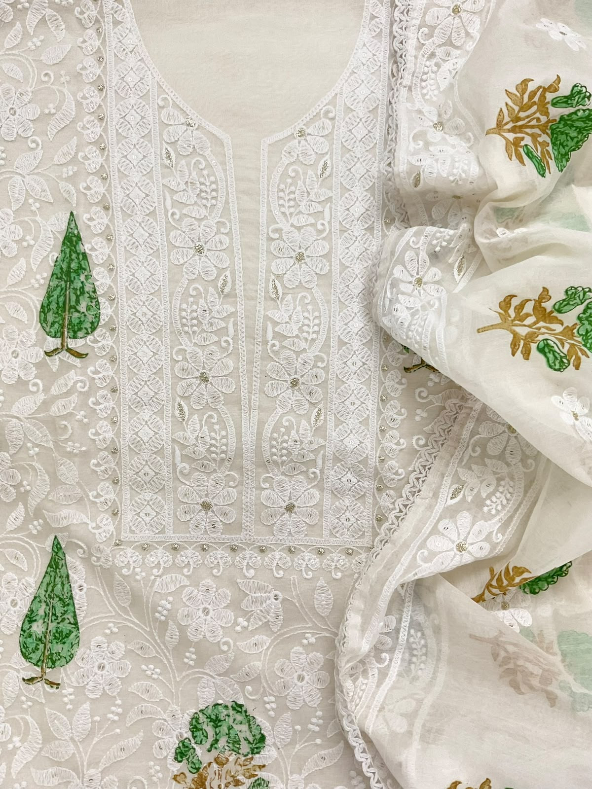 Soft Chanderi Printed Embroidered Suit - Off White