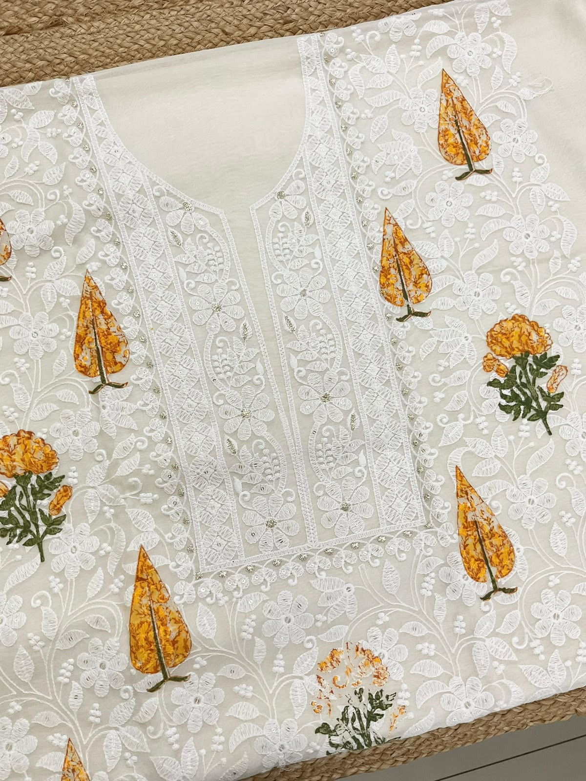 Soft Chanderi Printed Embroidered Suit - Off White
