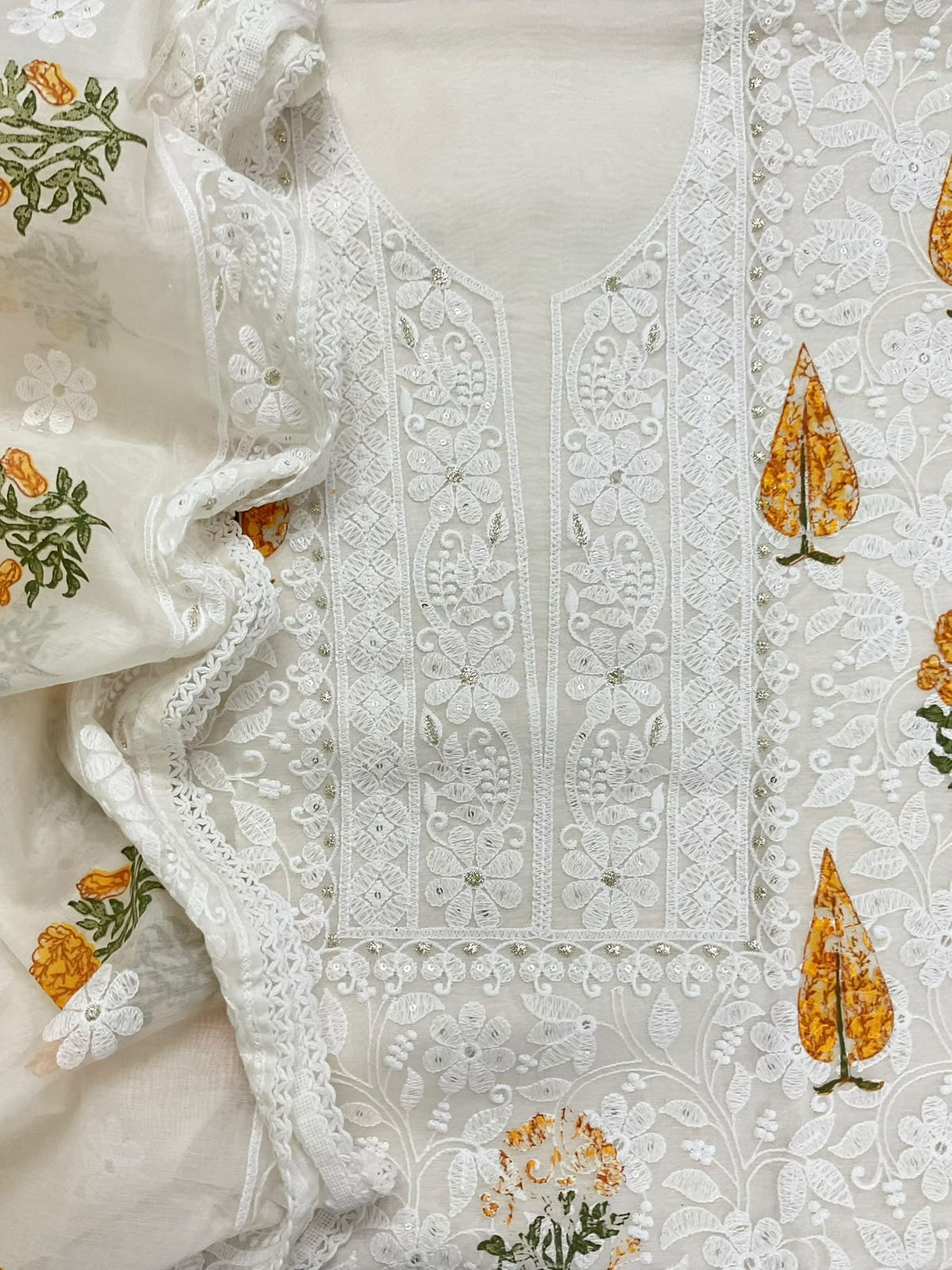 Soft Chanderi Printed Embroidered Suit - Off White
