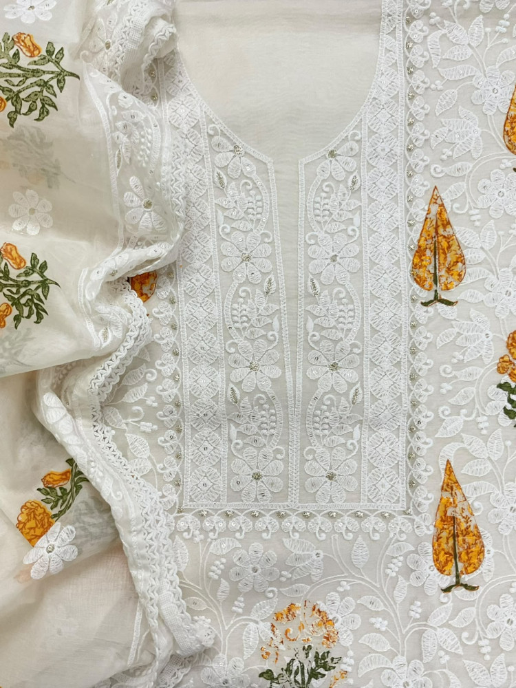 Image of Soft Chanderi Printed Embroidered Suit - Off White