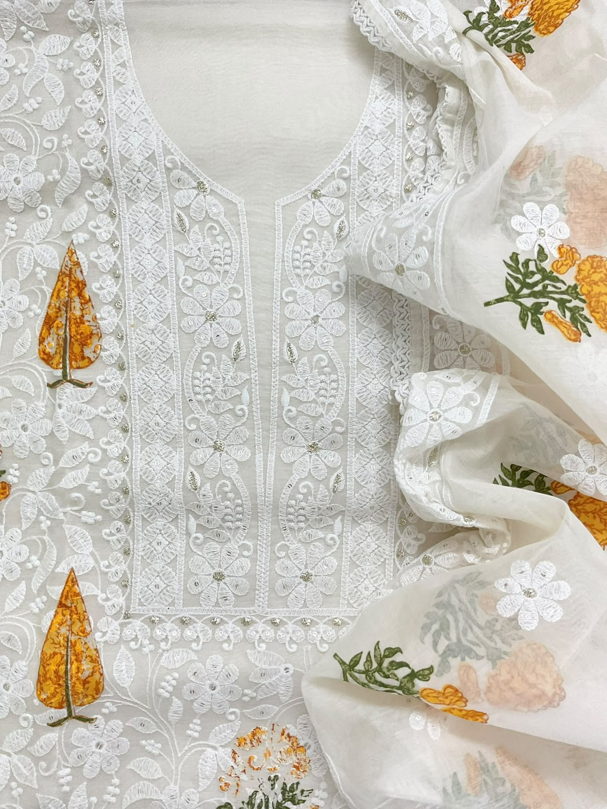 Soft Chanderi Printed Embroidered Suit - Off White
