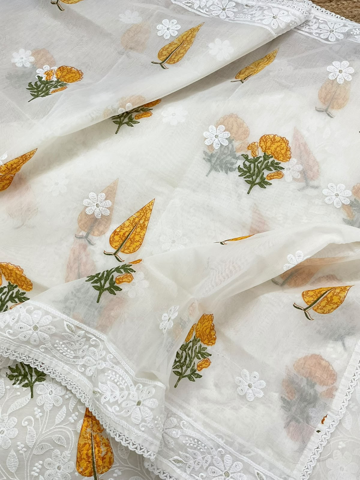 Soft Chanderi Printed Embroidered Suit - Off White