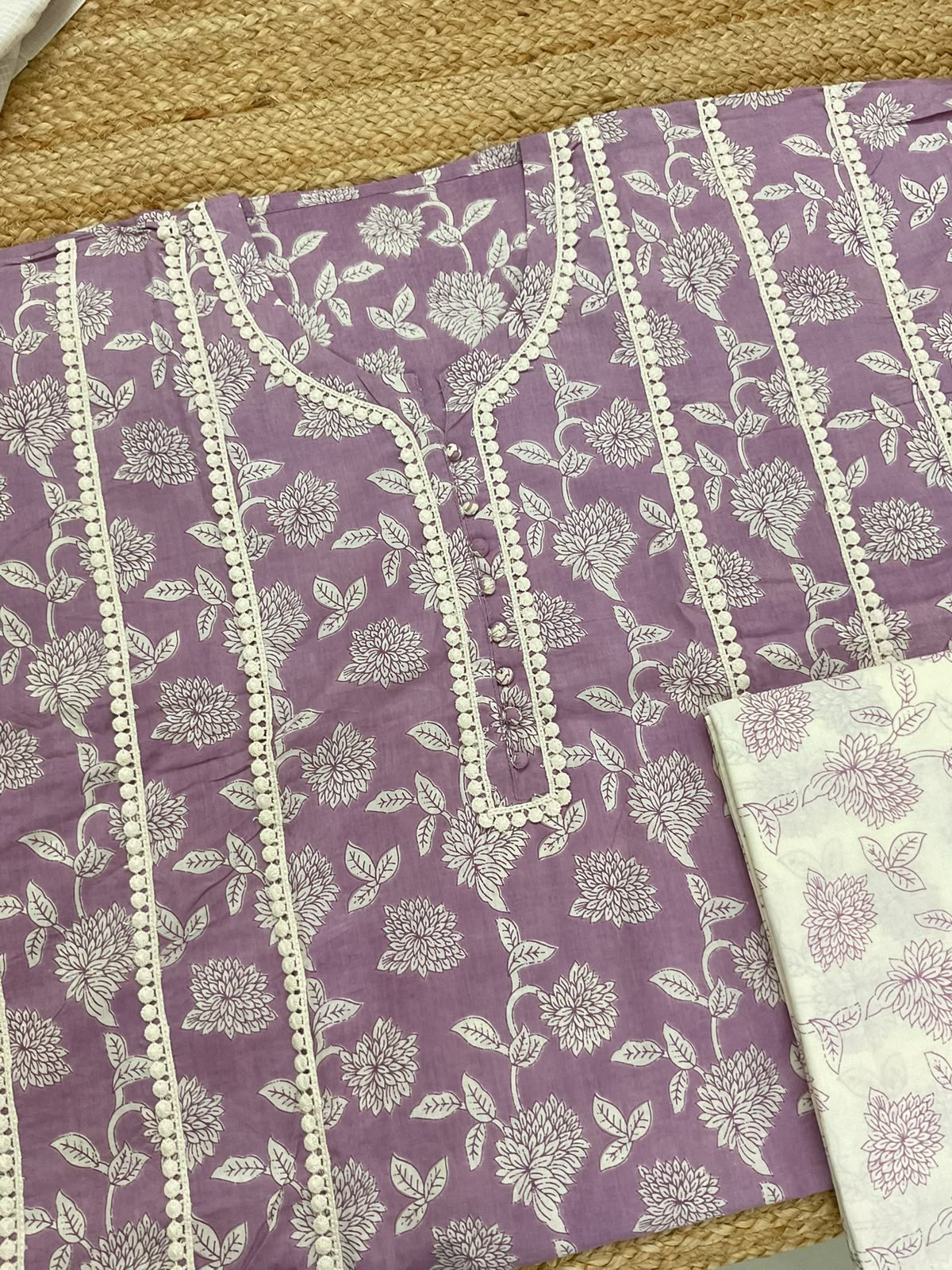 Pure Cotton Printed Embroidered Suit - Lavender