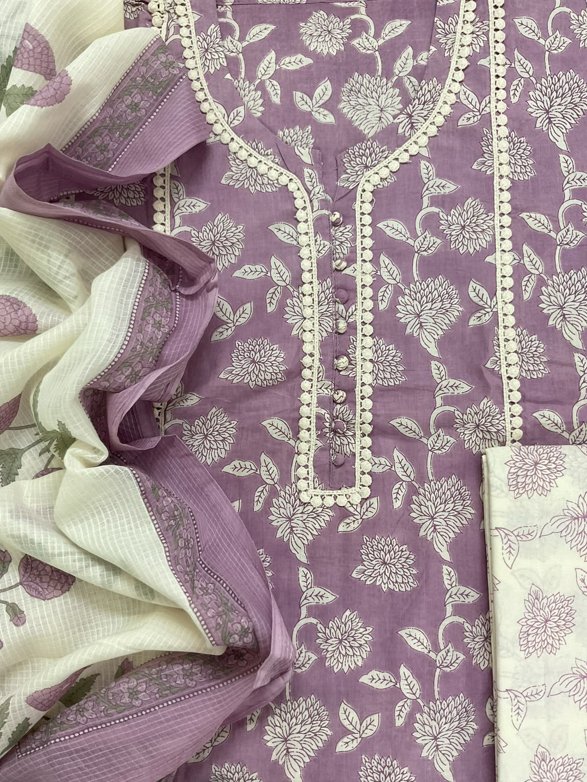 Pure Cotton Printed Embroidered Suit - Lavender