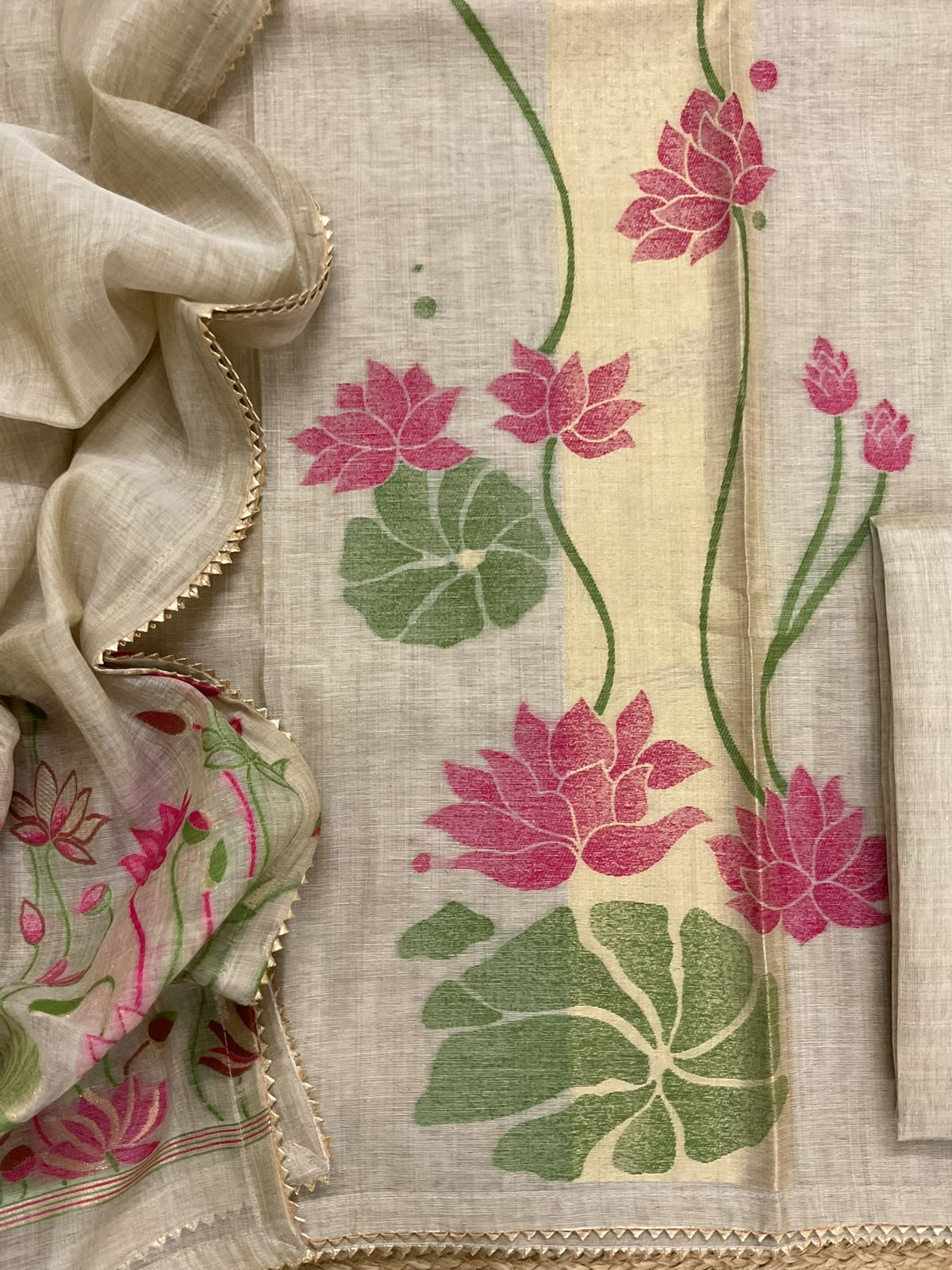 Soft Fine Slub Chanderi Jamdani Weaved Embroidered Suit - Beige