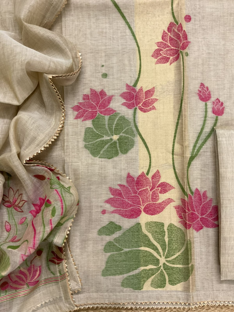 Image of Soft Fine Slub Chanderi Jamdani Weaved Embroidered Suit - Beige