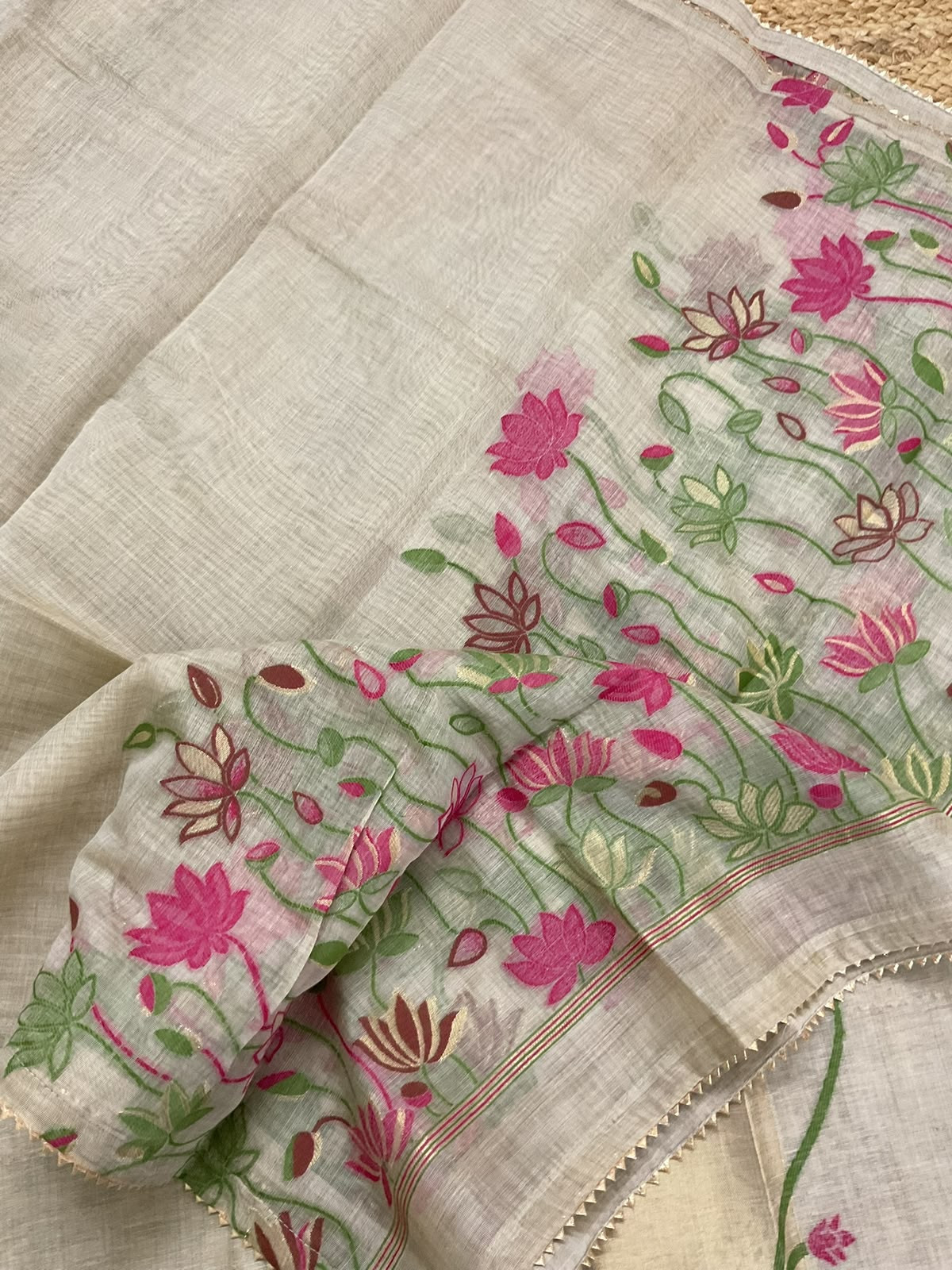 Soft Fine Slub Chanderi Jamdani Weaved Embroidered Suit - Beige