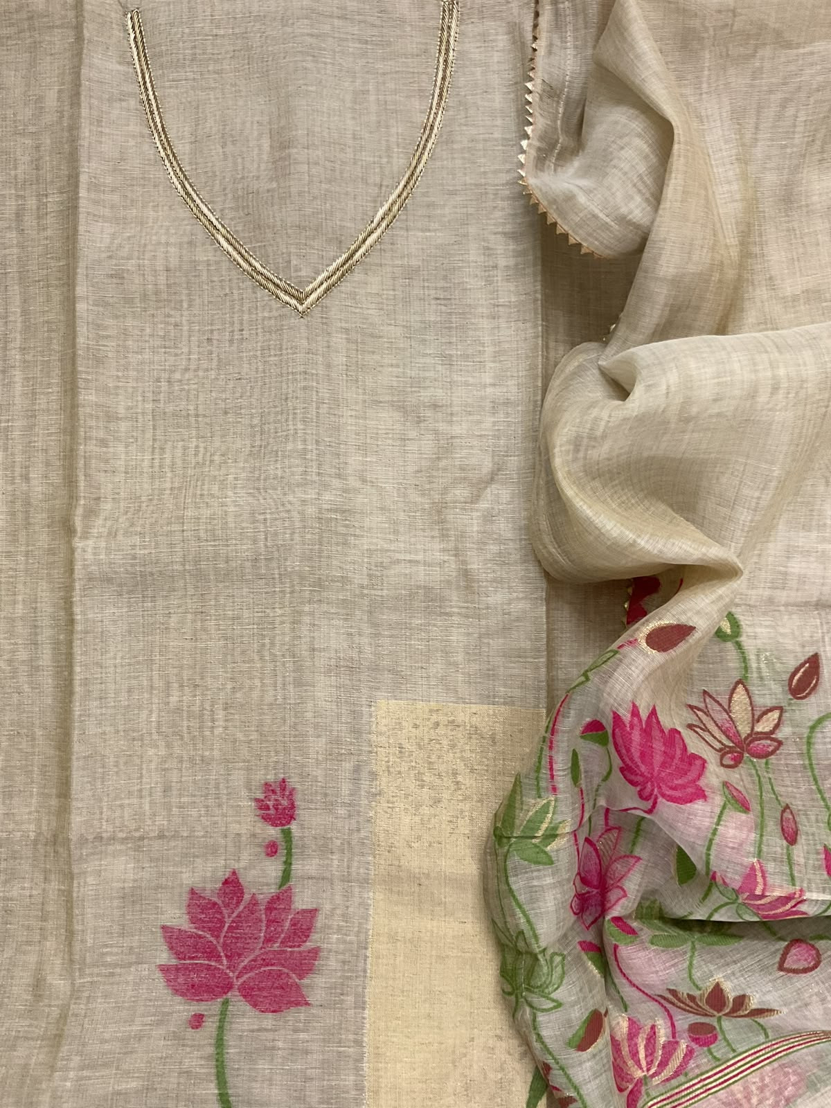 Soft Fine Slub Chanderi Jamdani Weaved Embroidered Suit - Beige