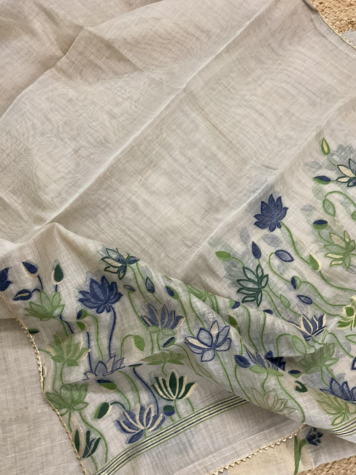 Soft Fine Slub Chanderi Jamdani Weaved Embroidered Suit - Beige