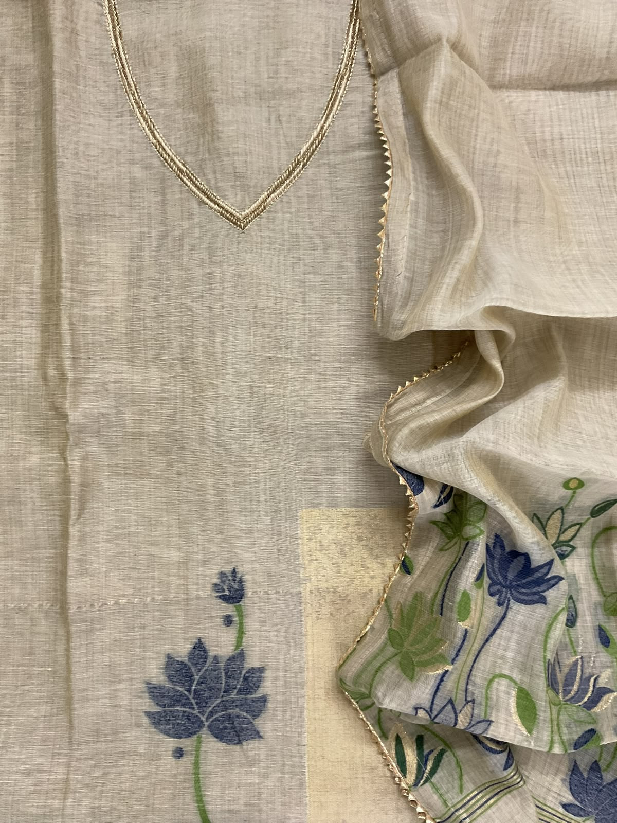 Soft Fine Slub Chanderi Jamdani Weaved Embroidered Suit - Beige
