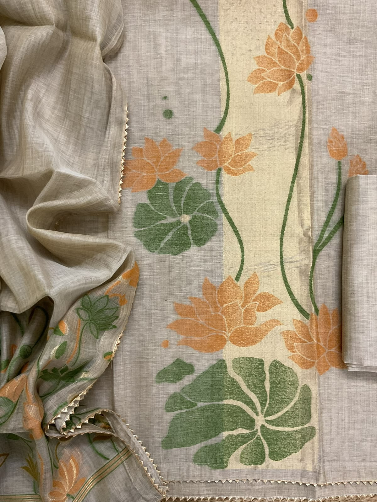 Soft Fine Slub Chanderi Jamdani Weaved Embroidered Suit - Beige