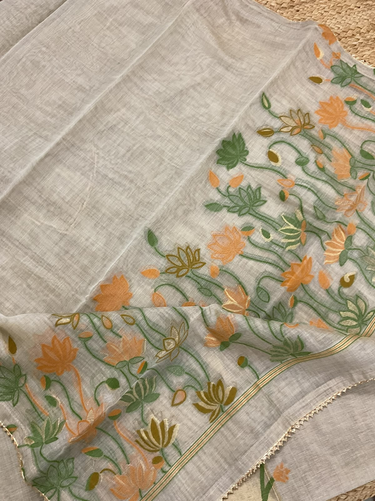 Soft Fine Slub Chanderi Jamdani Weaved Embroidered Suit - Beige