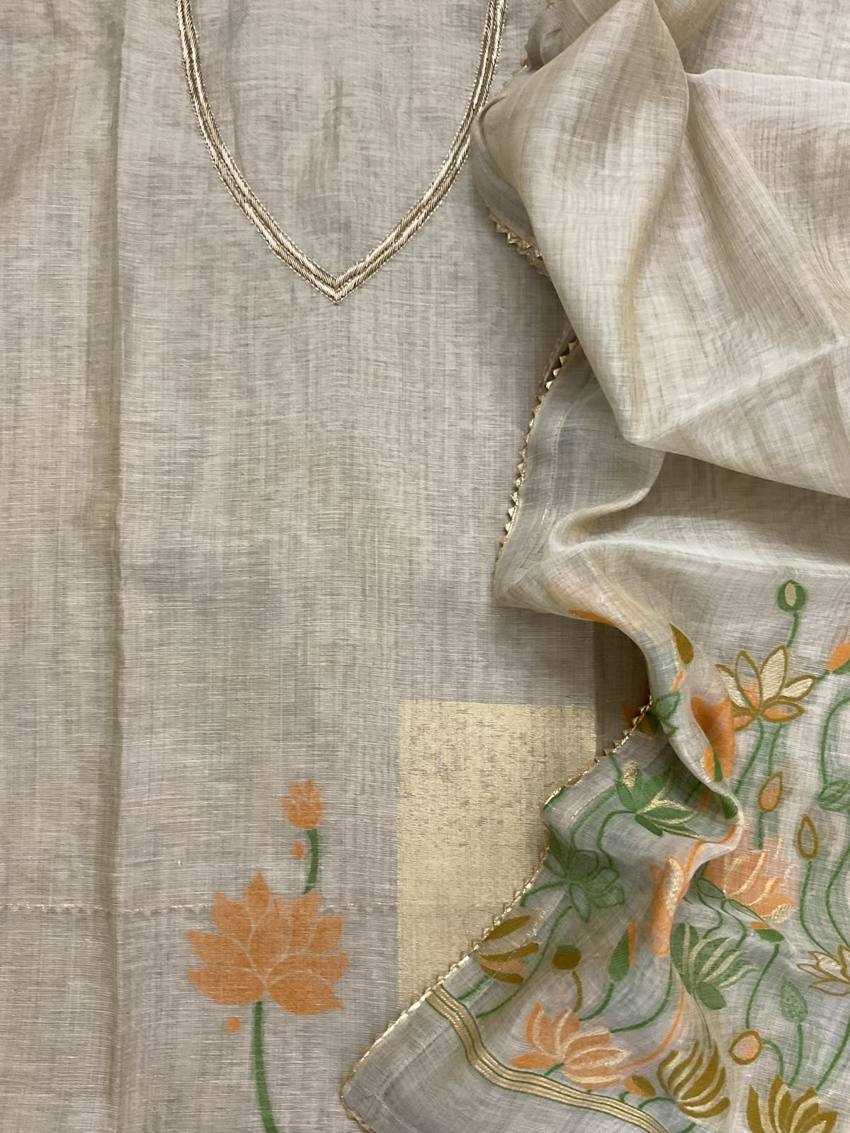Soft Fine Slub Chanderi Jamdani Weaved Embroidered Suit - Beige