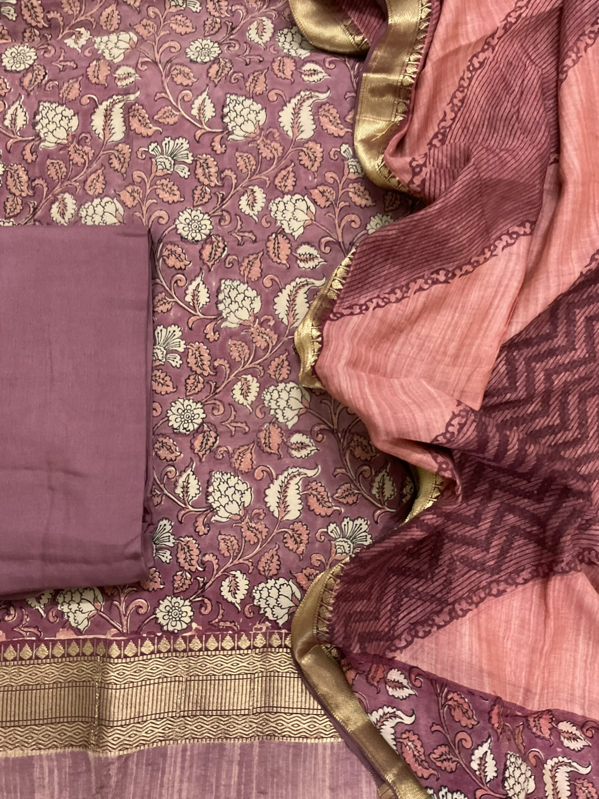 Pure Muslin Printed Banarasi Weaved Suit - Mauve