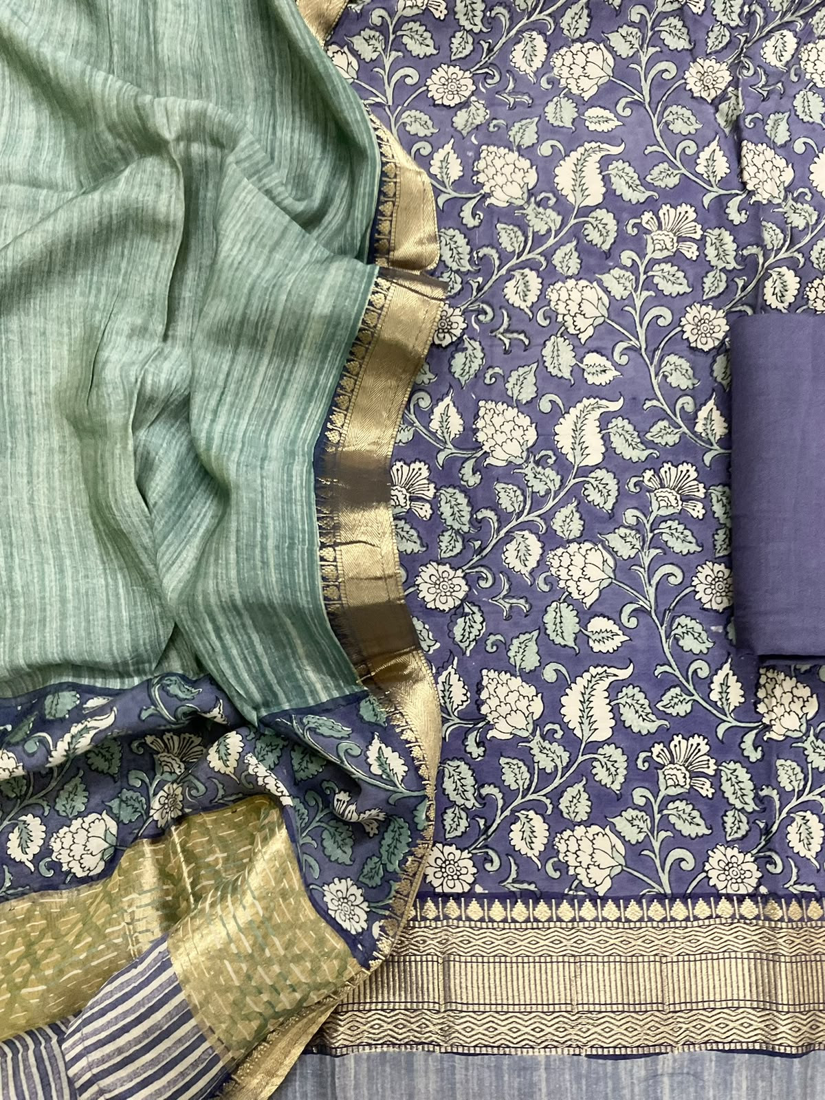 Pure Muslin Printed Banarasi Weaved Suit - Purple