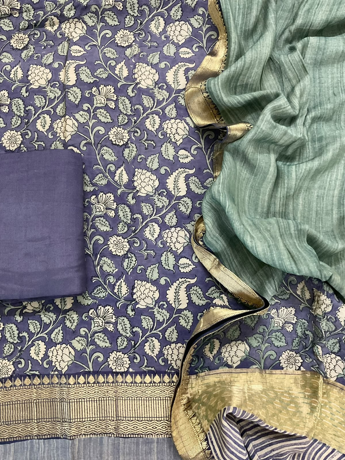Pure Muslin Printed Banarasi Weaved Suit - Purple