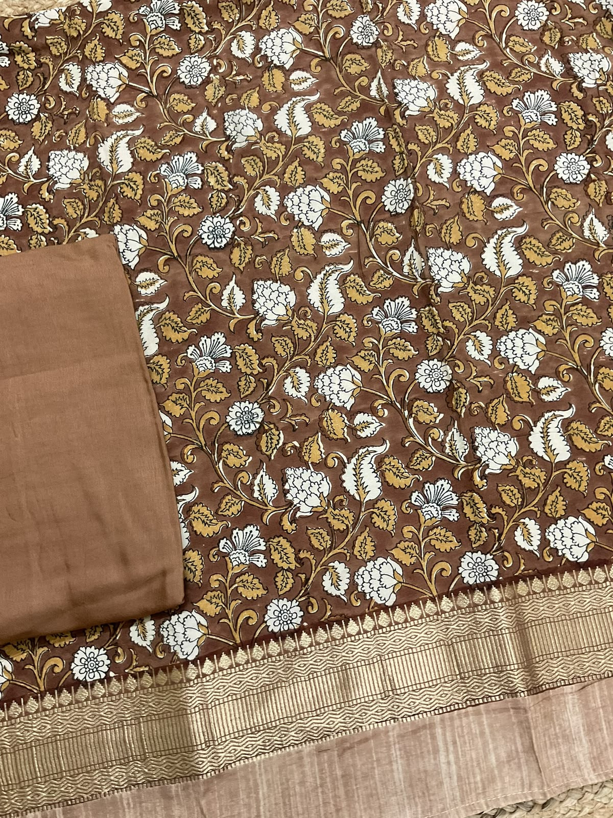 Pure Muslin Printed Banarasi Weaved Suit - Brown