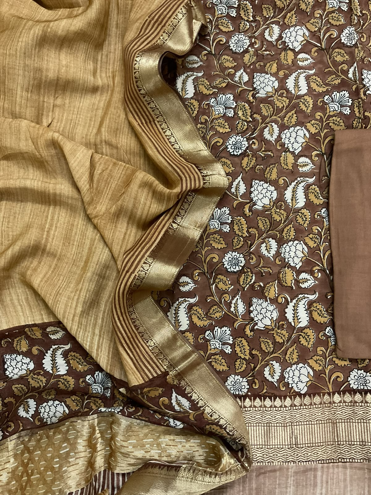 Pure Muslin Printed Banarasi Weaved Suit - Brown