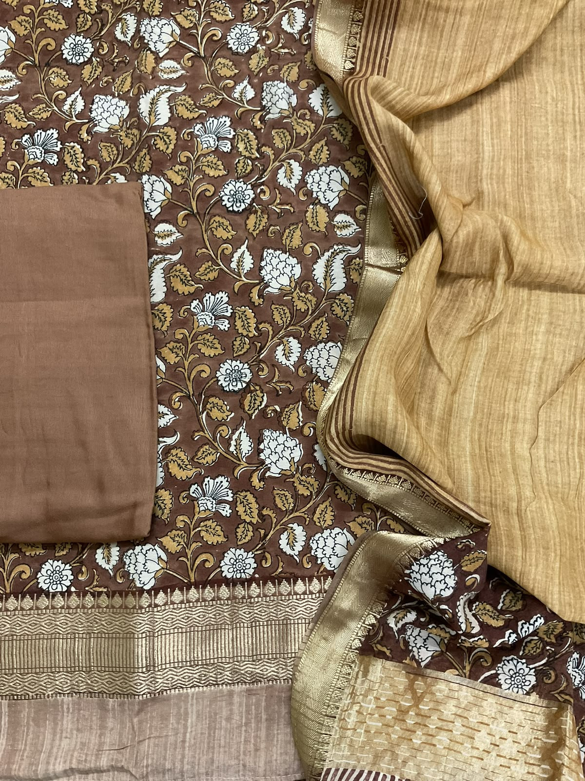 Pure Muslin Printed Banarasi Weaved Suit - Brown