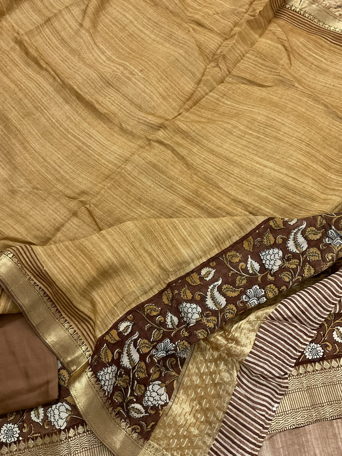 Pure Muslin Printed Banarasi Weaved Suit - Brown