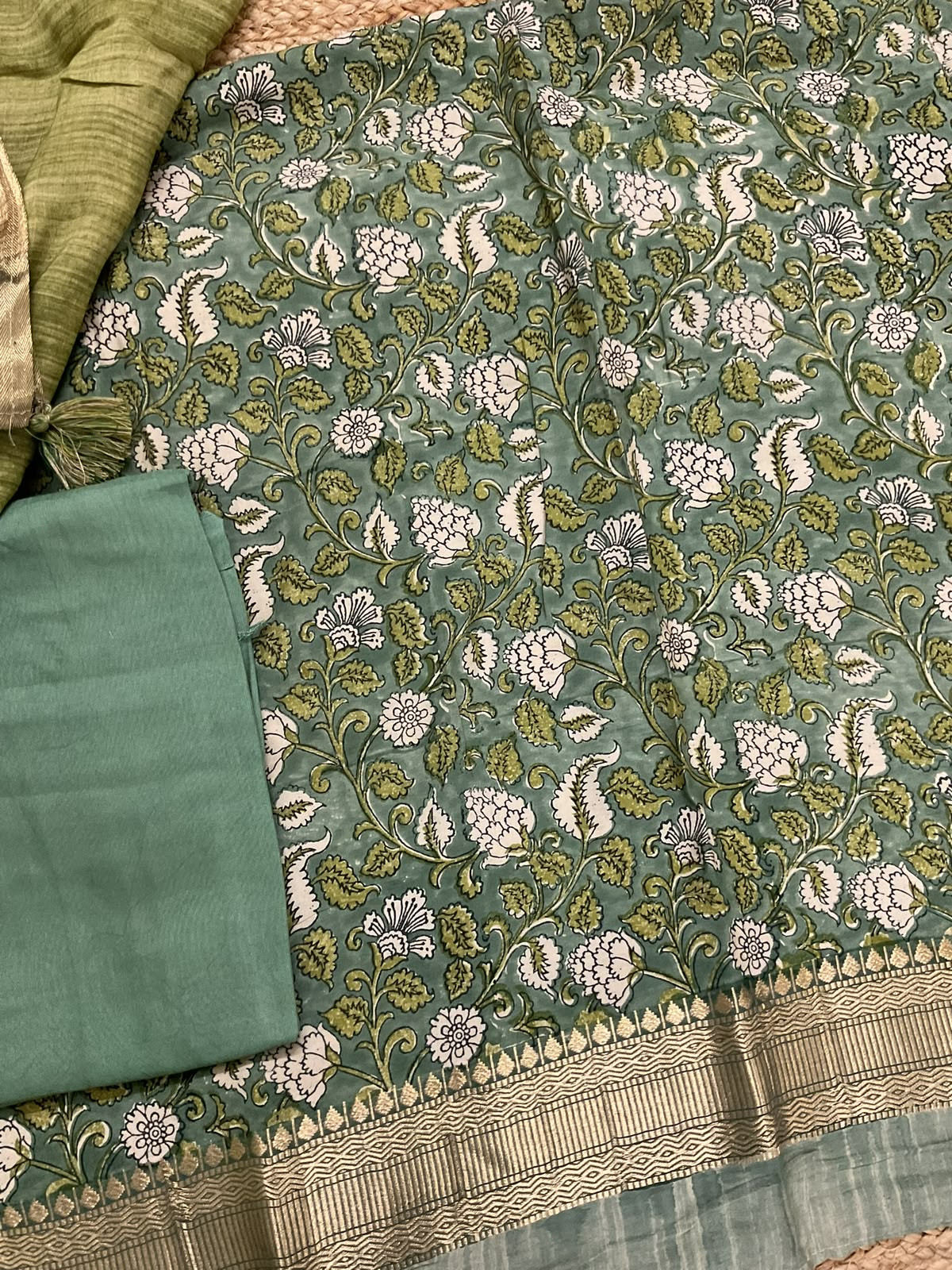Pure Muslin Printed Banarasi Weaved Suit - Green