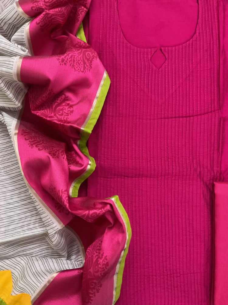 Image of Pure Cotton Silk Printed Embroidered Suit - Pink