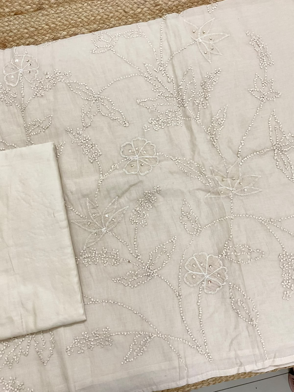Soft Chanderi Embroidered Suit - Beige