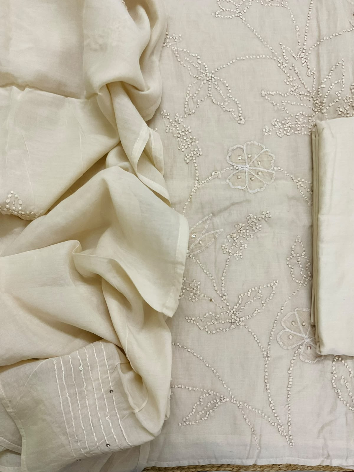 Soft Chanderi Embroidered Suit - Beige