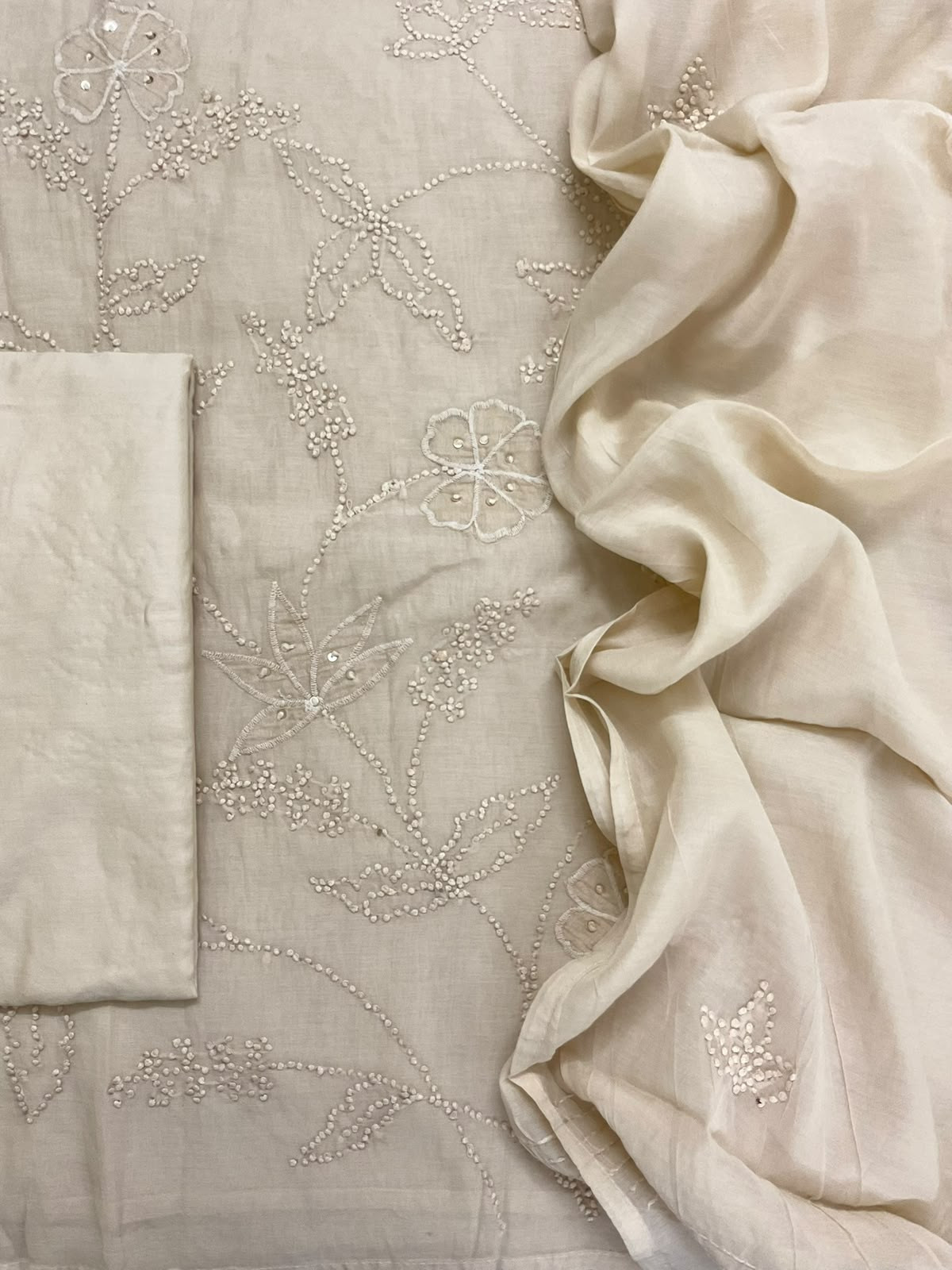 Soft Chanderi Embroidered Suit - Beige