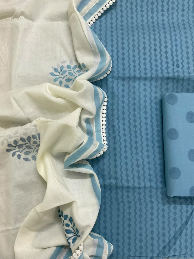 Image of Pure Fine Cotton Printed Suit - Blue