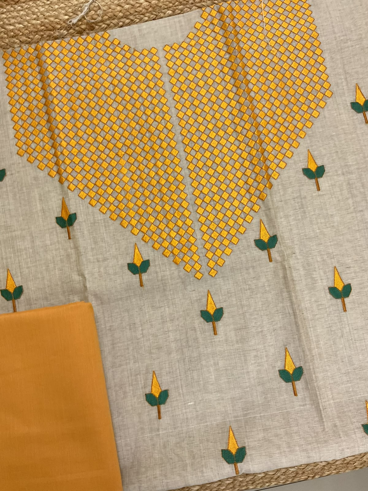 Pure Fine Slub Chanderi Embroidered Suit - Beige