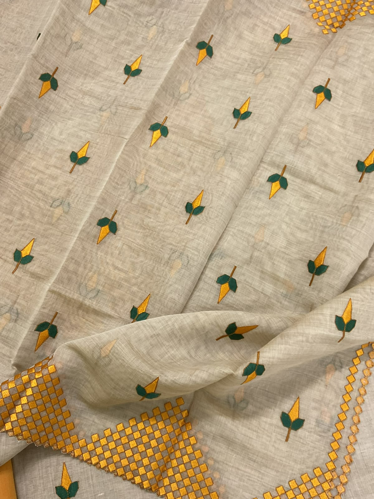 Pure Fine Slub Chanderi Embroidered Suit - Beige