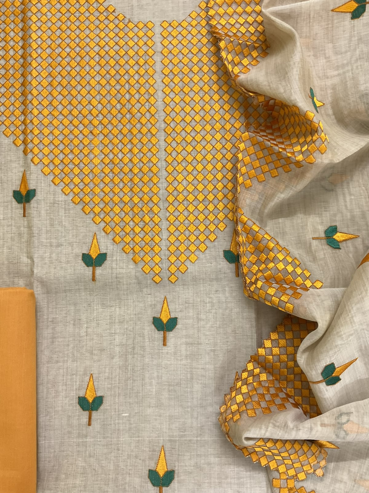 Pure Fine Slub Chanderi Embroidered Suit - Beige