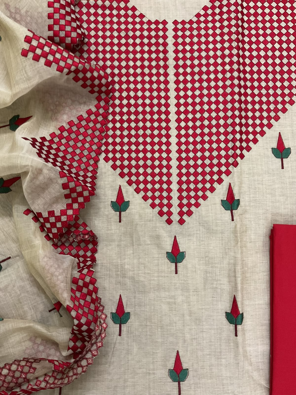 Pure Fine Slub Chanderi Embroidered Suit - Beige