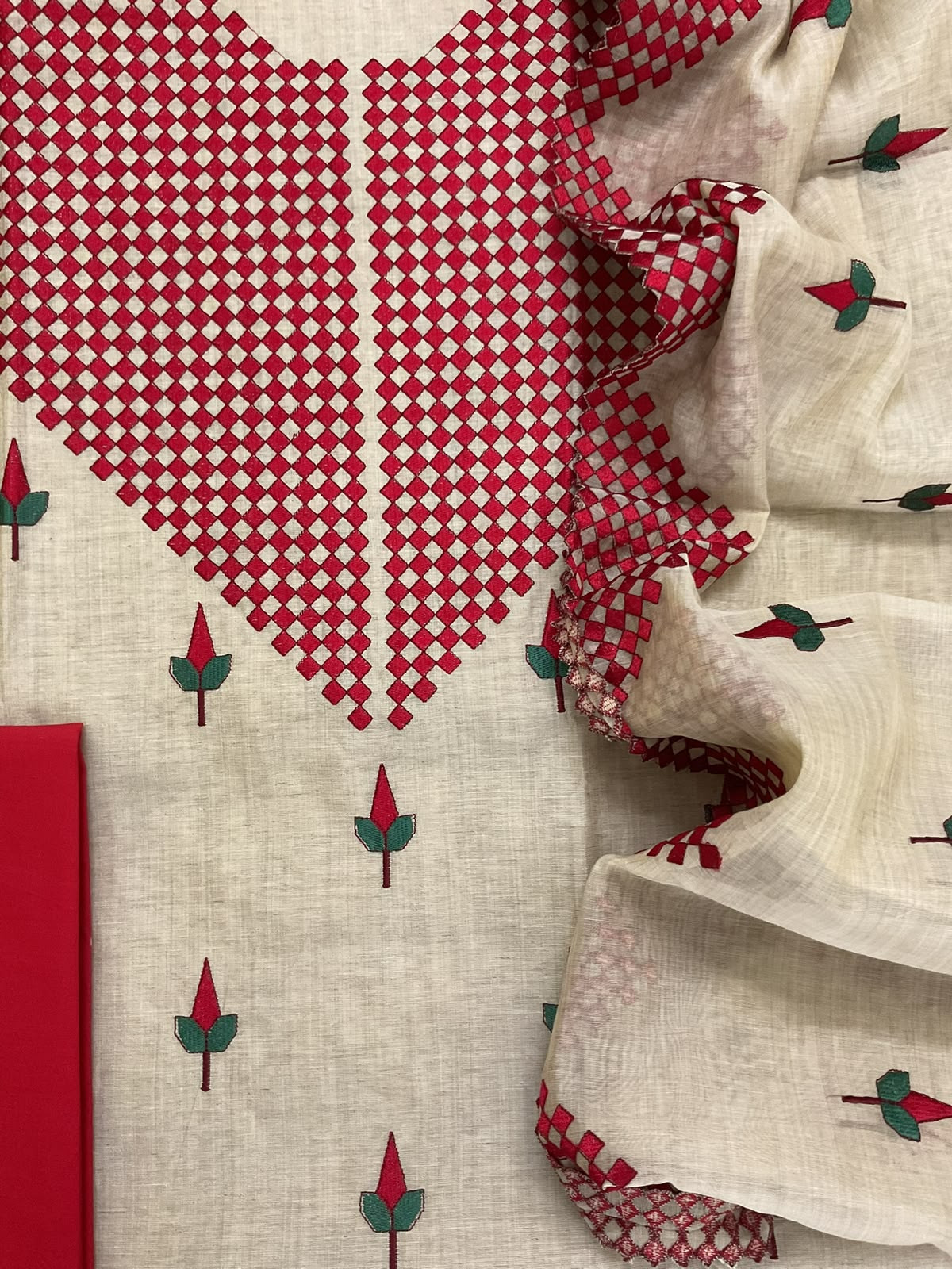 Pure Fine Slub Chanderi Embroidered Suit - Beige