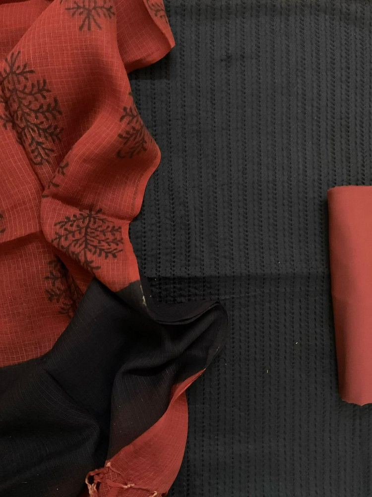 Image of Pure Jaam Cotton Printed Embroidered Suit - Black