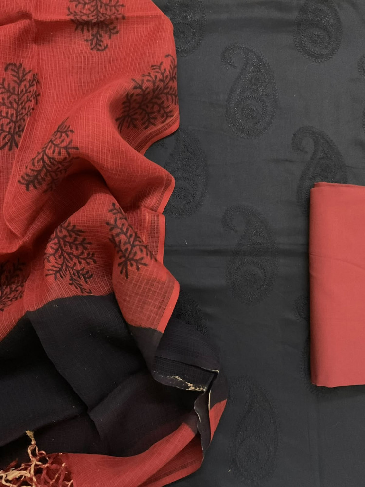 Image of Pure Jaam Cotton Printed Embroidered Suit - Black