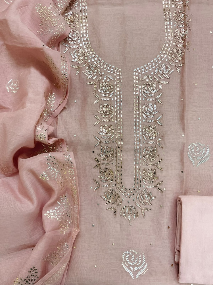 Image of Pure Chanderi Foil Work Suit - Light Onion Pink